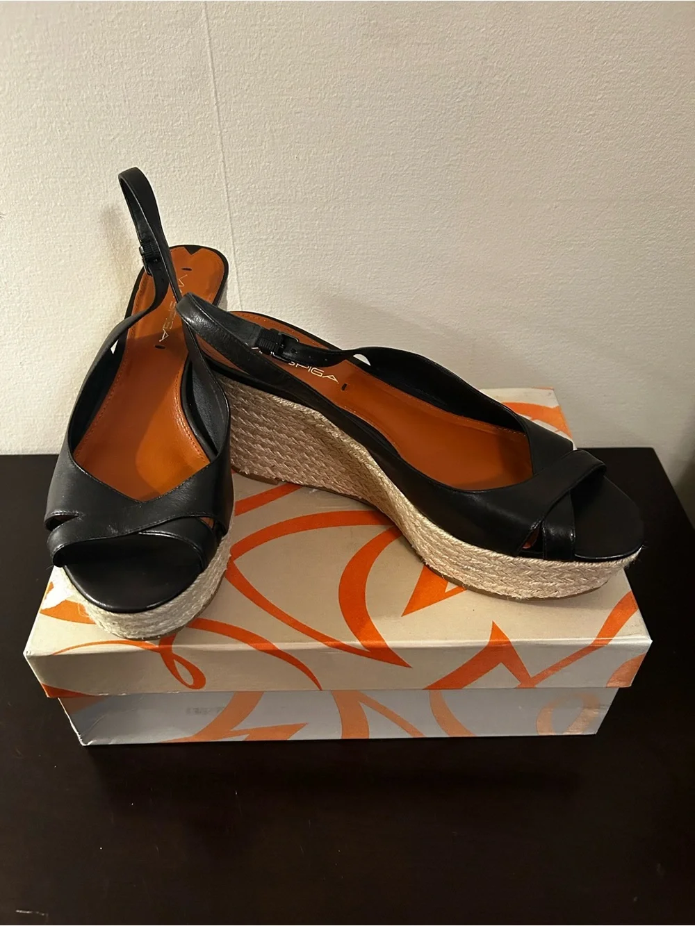 Via Spiga Black Leather Platform Espadrille Wedge Sandal, 8.5, Like NWT